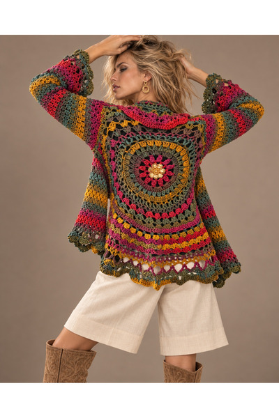 drt tasarım Kadın Boho Mandala Galaxy Motifli Kadın Kışlık Kombin Hırka DRT-CRDN-0054