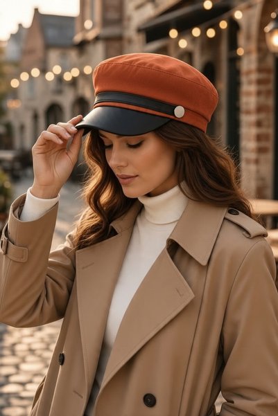 GİYU SHOP قبعة كابتن صحفي نسائية شتوية من الجلد السويدي
