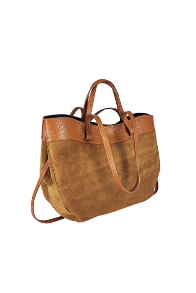 Miri Concept Geantă damă Shopper din piele naturală și velur, Mânere duble și șnururi laterale
