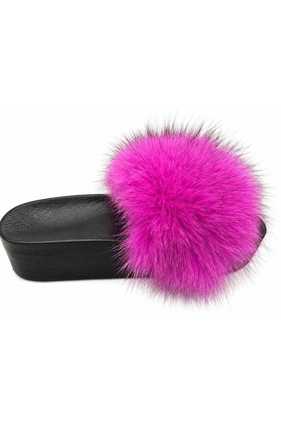 PAPUCUMUN DÜNYASI Women's Genuine Leather Thick Black Sole Luxury Real Fur Slippers