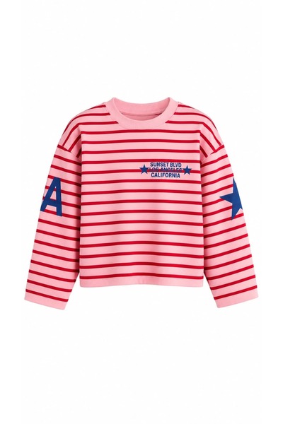 Sude Kızanlıklı Fred Çizgili Yıldız Baskılı İnce Sweatshirt