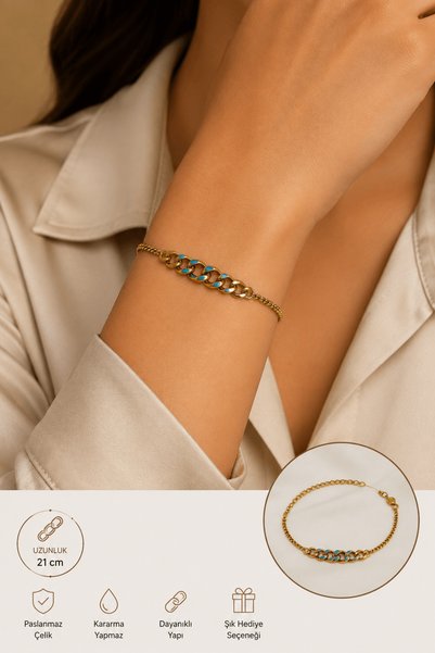 Multi JEWEL Blue Detailed Chain Model Steel Bracelet