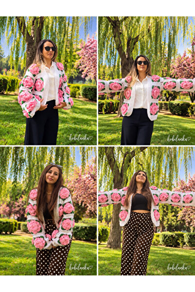 hobilanka Cardigan de damă tricotat manual cu motiv trandafir în relief 3D - ...