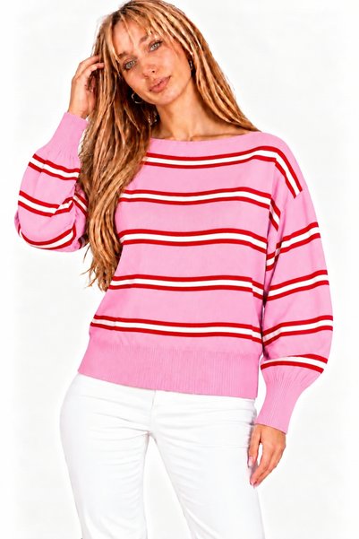 ZERELLE COLLECTİON Women's Oversized Striped Boat Neck Knitwear Sweater
