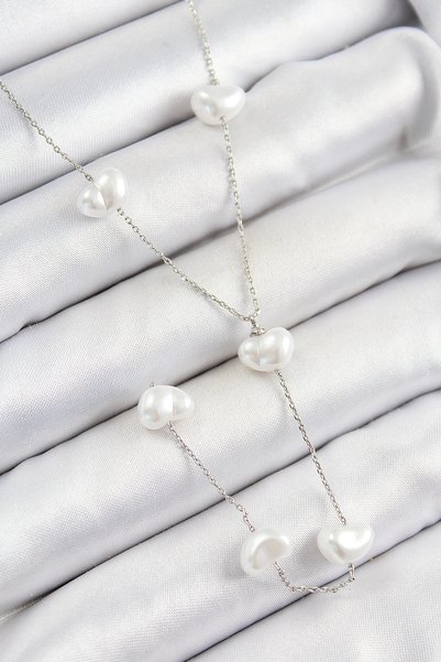 Toptan Bulurum Y Model Silver Color Women's Necklace with Brass Pearl Heart F...