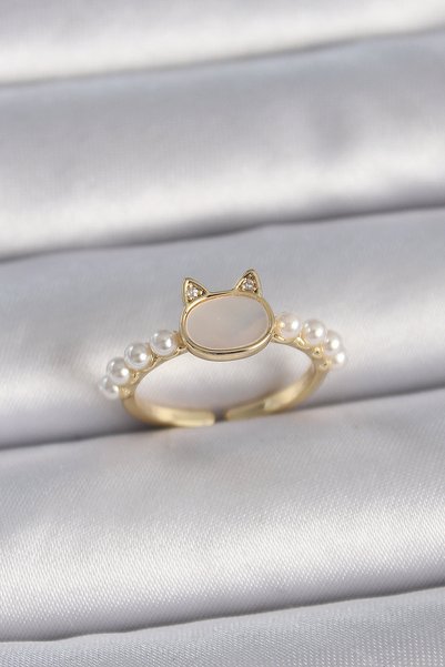 Toptan Bulurum Brass Gold Color Adjustable White Enamel Cat Model Pearl Detai...