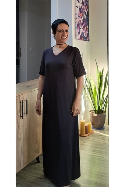 Mertcan Butik Black V-Neck Long Ankle-Length Short-Sleeved Combed Viscose Dress