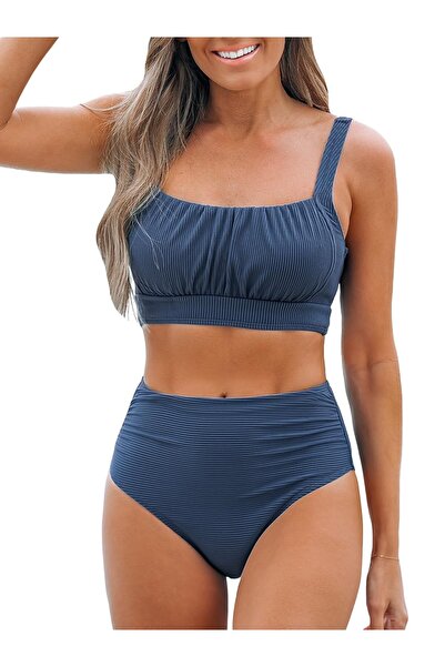 OEM Set bikini cu decolteu pătrat, bretele reglabile, drapat – Albastru/Dungi L