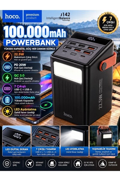 VEROXA J142 100000MAH Powerbank 22.5W Hızlı Şarj Pd 20W Qc3.0 LED Ekranlı 7 Çıkışlı
