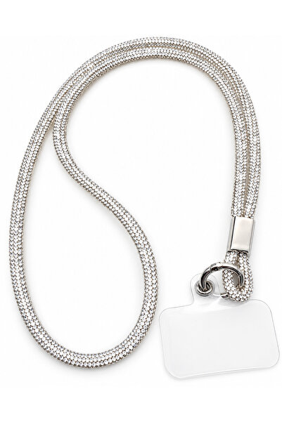 boncukcunuz 50 cm Crystal Stone Neck Strap Silver Color Id Badge and Phone Strap Lanyard