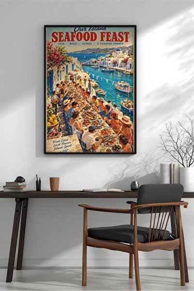 KEYFHOME Retro mediteraneană delicatese din mării banchet înrămat MDF pictură...