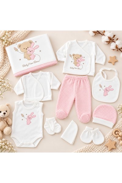 Pure Boutique Set nou nascut 10 piese bumbac , alb roz, iepuras si ursulet, p...