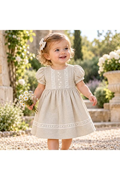 Pure Boutique Rochie bebe fetita din in bej cu broderie florala si dantela
