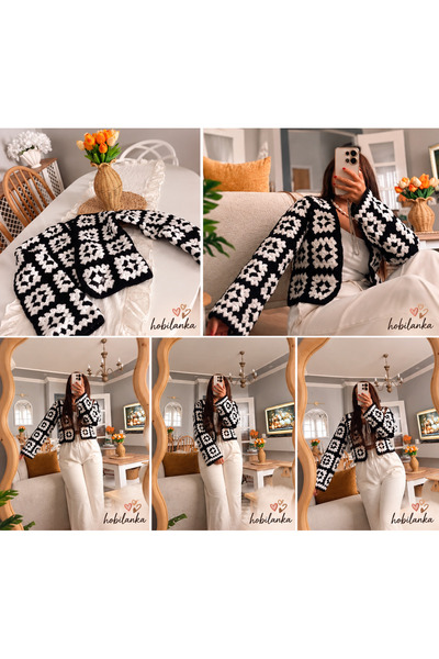 hobilanka Women's Hand-Knitted Square Motif Cardigan - Mother's Handmade Knit...