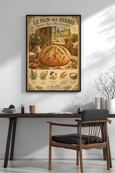 KEYFHOME Rustic Pâine cu Ierburi cu Cadru MDF Tablou Poster Bucătărie Decor d...