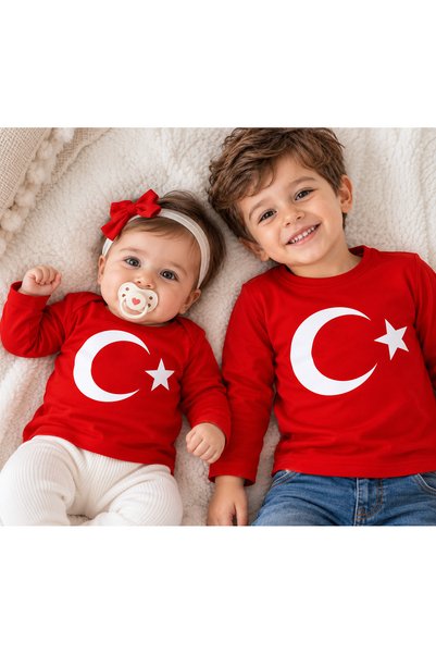 Sibel Günay Butik Bebek ve Çocuk Ay Yıldız Türk Bayraklı Uzun Kollu %100 Pamu...