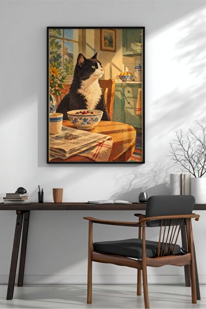 KEYFHOME Vintage Alb-negru Pisica Acasa Inrama MDF Tablou Poster Living Decor...
