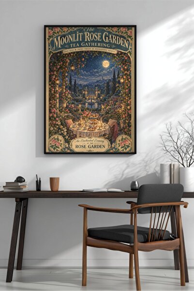 KEYFHOME Vintage Moonlight în Rose Garden Ceai Încadrat MDF Tablou Poster Liv...