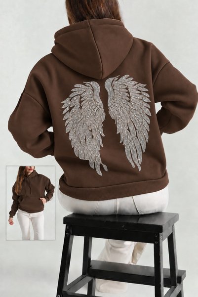 HAI COLLECTİON Women's Angel Wing Stone Printed Oversize Hooded Sweatshirt Ho...