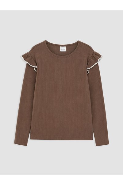 LC Waikiki Nevavm Farkıyla Lcw Kids Brown Ruffle Detailed Oval Neck Girls' T-...