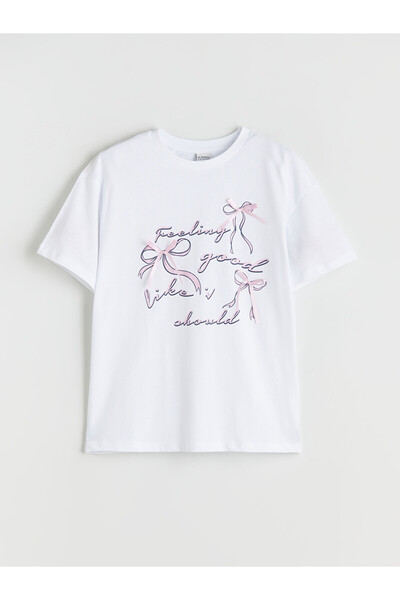 LC Waikiki Lcw Kids White Oval Collar Bow Detailed Girls' T-Shirt with Nevavm...