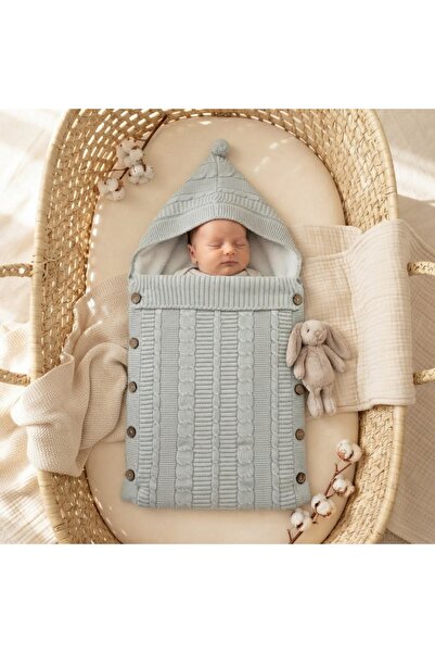 Pure Boutique Sac de dormit bebe tricotat gri cu gluga, interior pufos si nas...