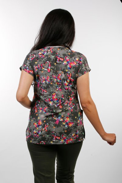 EMİR MEDİKAL (E-Flex) Women's Butterfly Patterned Doctor Nurse Hospital Veterinary Scrubs Single Top Uniform