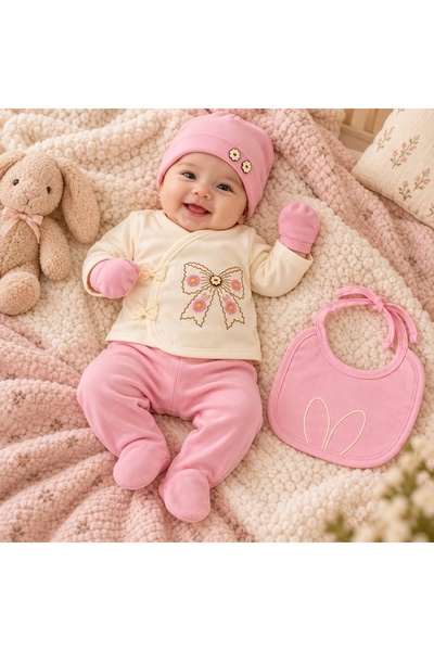 Pure Boutique Set bebe fetita 5 piese bumbac crem si roz pudrat, fundita brod...
