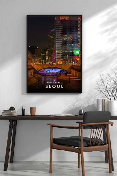 KEYFHOME Cheonggyecheon Stream Gece Seul Încadrat MDF Tablou Poster Living De...
