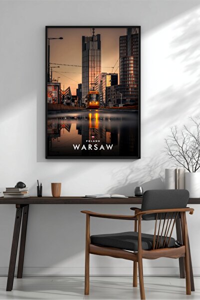 KEYFHOME Varșovia Galben Tramvai Peisaj Urban Înrămat MDF Tablou Poster Livin...