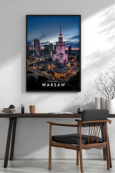 KEYFHOME Tablou MDF cu silueta crepusculară din Varșovia înrămat, poster, dec...