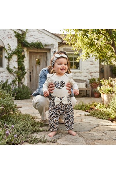 Pure Boutique Set bebe fetita 3 piese din bumbac, body crem, pantaloni animal...