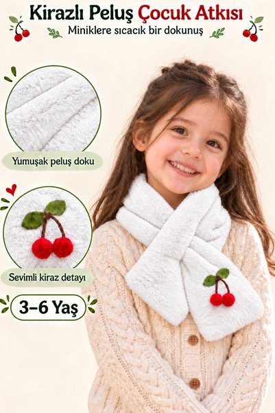 KAŞIKBEY Cherry Girl's Welsoft Plush Scarf Stylish Cross Design Winter Childr...