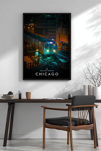 KEYFHOME Poster înrămat în MDF cu trenul de iarnă din Chicago, decor de peret...