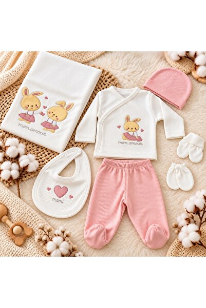Pure Boutique Set nou nascut fete 7 piese bumbac roz alb cu iepurasi, paturic...
