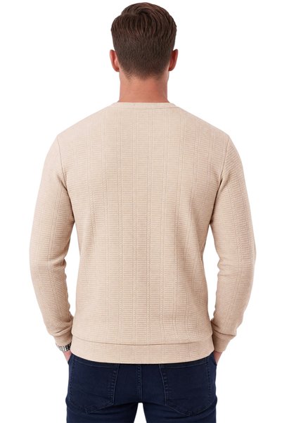DeepSEA Erkek Slim Fit Jakar Dokulu Bej Sweatshirt – Likralı Yumuşak Dokulu Bisiklet Yaka Nakışlı 2708516