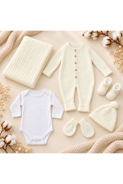 Pure Boutique Set bebe 6 piese lana naturala ivory, salopeta, body, paturica,...