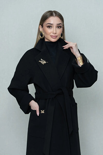 Eccim Fashion Cep Detaylı Broşlu Uzun Kadın Palto Kaban