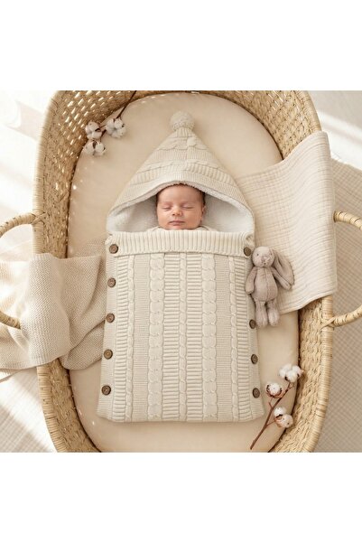Pure Boutique Sac de dormit bebe tricotat crem cu gluga, interior pufos si na...