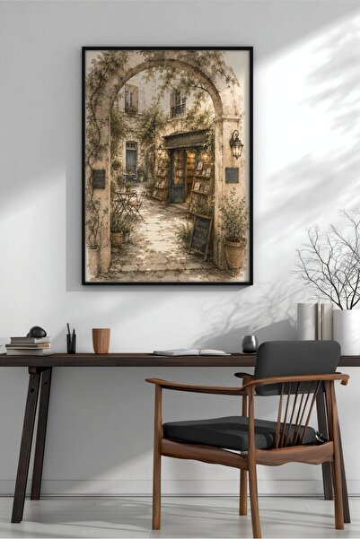 KEYFHOME Paris Bookstore Street Desen în cărbune înrămat MDF Tablou Poster Li...