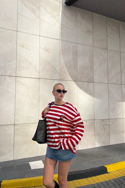 lizge giyim Cycling Collar Stripe Detail with Bear Embroidery Sweatshirt