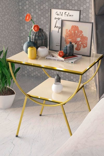 ASTRALTECH Yan Sehpa Komodin Metal Ayak Çift Gold Krem