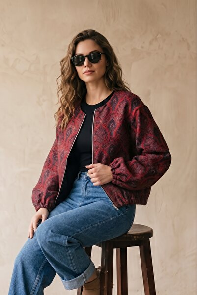 QUREKLİ Women's Red Ethnic Shawl Patterned Zippered Bomber Jacket