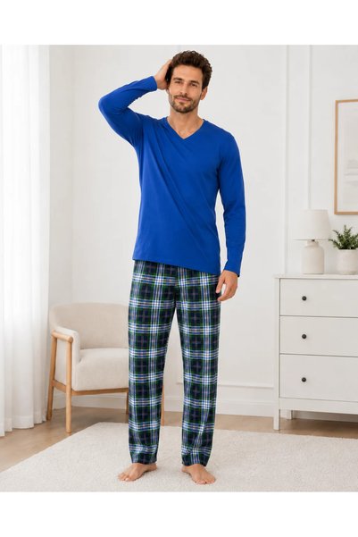 TOSKI Pijama bărbați, Bluză cu gât în V și mânecă lungă, Pantalon lung în car...