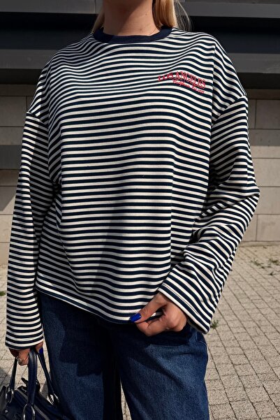 lizge giyim Cycling Collar Stripe and Print Detail Sweat