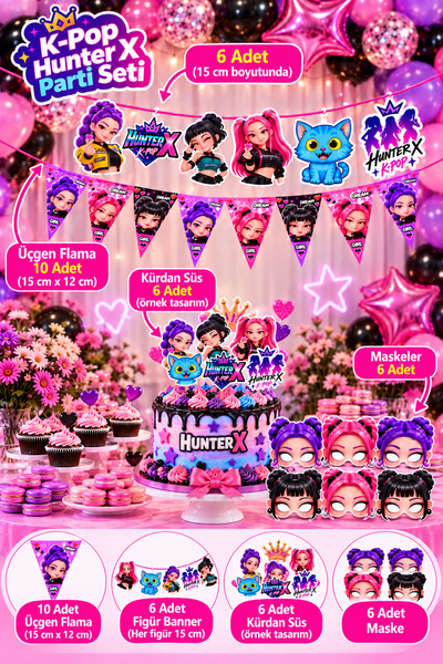 GREATOY K-Pop Hunter X Parti Seti Doğum Günü Süsleri 6’lı Figür Banner 10’lu ...