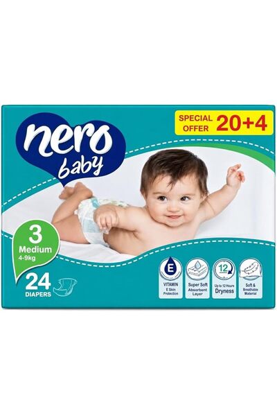 Nero حفاضات أطفال 24 قطعة عبوة صغيرة للأطفال من 2 كجم إلى 5 كجم، مقاس N3