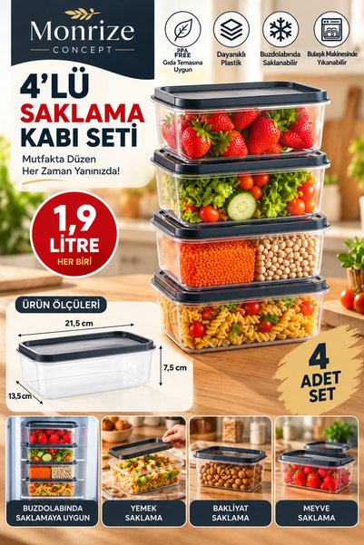Monrize Concept 4'lü Saklama Kabı Seti 1,9 Litre Dikdörtgen Kapaklı Buzdolabı...