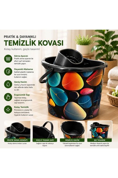 Genel Markalar Temizlik Kovası Sıkma Süzgeçli Pratik Mop Su Kovası Renkli Taş...