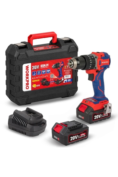Workpro WP390020 20Volt 4.0Ah Li-ion 65Nm. Çift Akülü Kömürsüz Profesyonel Şarjlı Darbeli Matkap